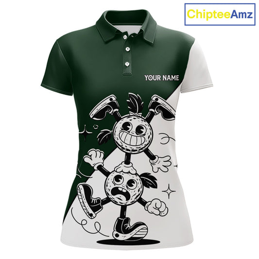 Green White Funny Golf Ball Pattern Womens Golf Polo Shirts Custom Golf Outfits Ladies, Green Golf Tops NHT785