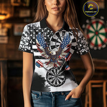 Load image into Gallery viewer, Custom Dart Shirt For Women, Grunge Eagle American Flag Black White Polo, 1/4 Zip Darts Jersey TDM3877