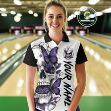 Load image into Gallery viewer, Purple Butterfly Skull Bowling Women Bowling Shirt Polo &amp; Quarter-Zip Bowling Team Jerseys HNT80