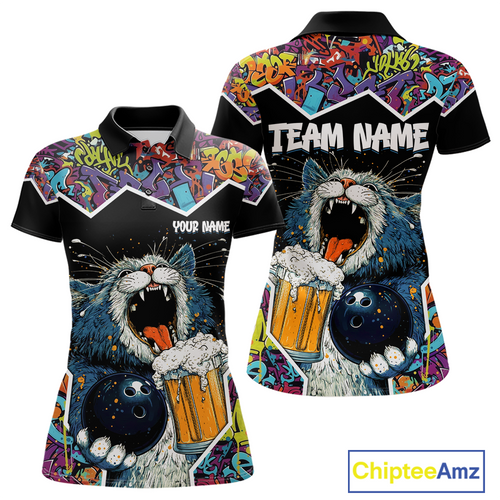 Custom Funny Cat Beer Bowling Jersey for Women Polo & 1/4 Zip Bowling Team Shirts HNT146