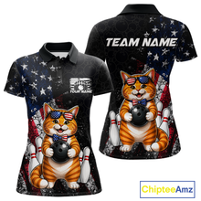 Load image into Gallery viewer, Women polo shirt with a cat american flag bowling design and 'Team Name' text on a white background