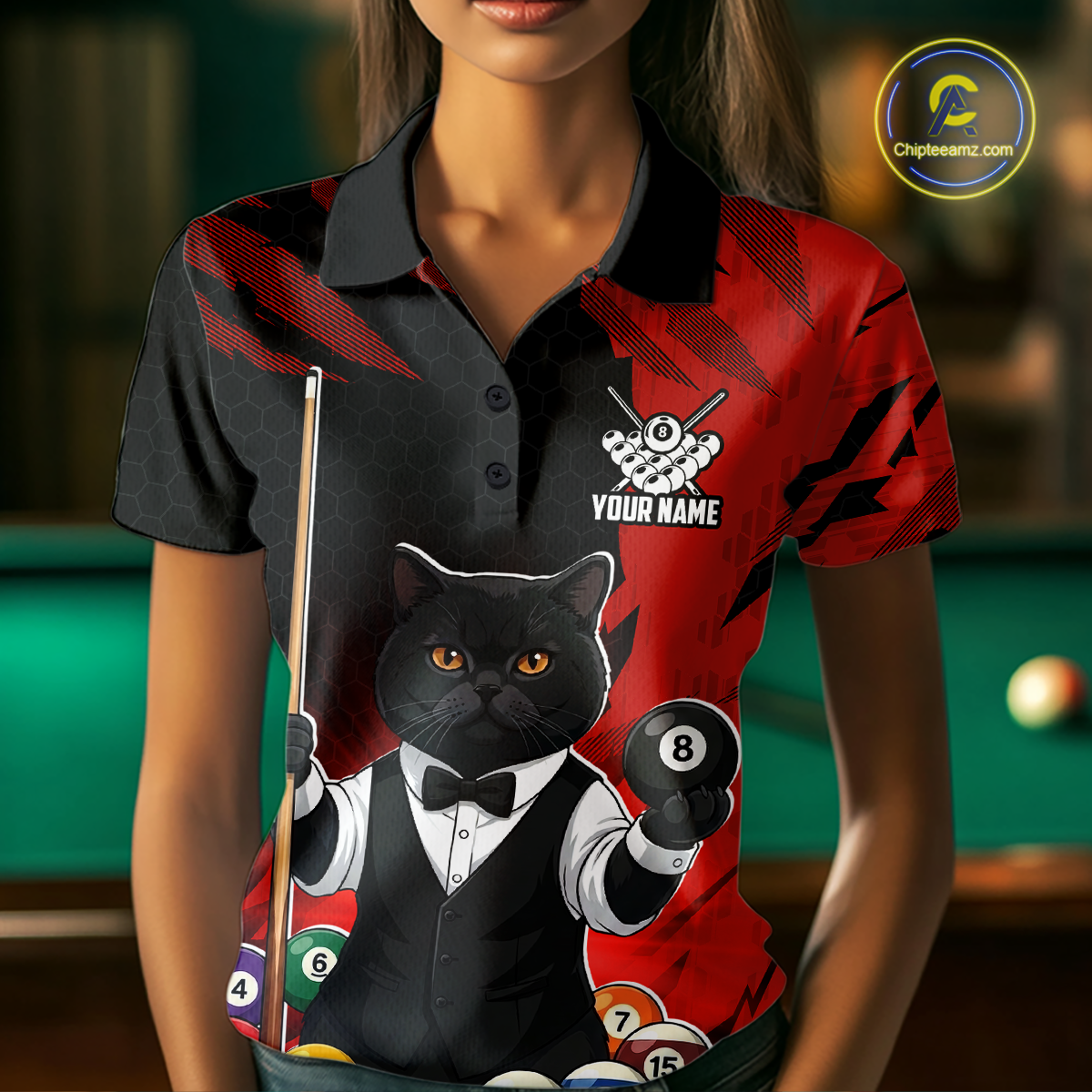 Custom Black Cat 8 Ball Pool Shirts Red Billiard Shirt for Men Billiard Team Jersey Billiard Gift NNT181