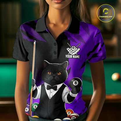 Custom Black Cat 8 Ball Pool Shirts Purple Billiard Shirt for Women Billiard Team Jersey Billiard Gift NNT181