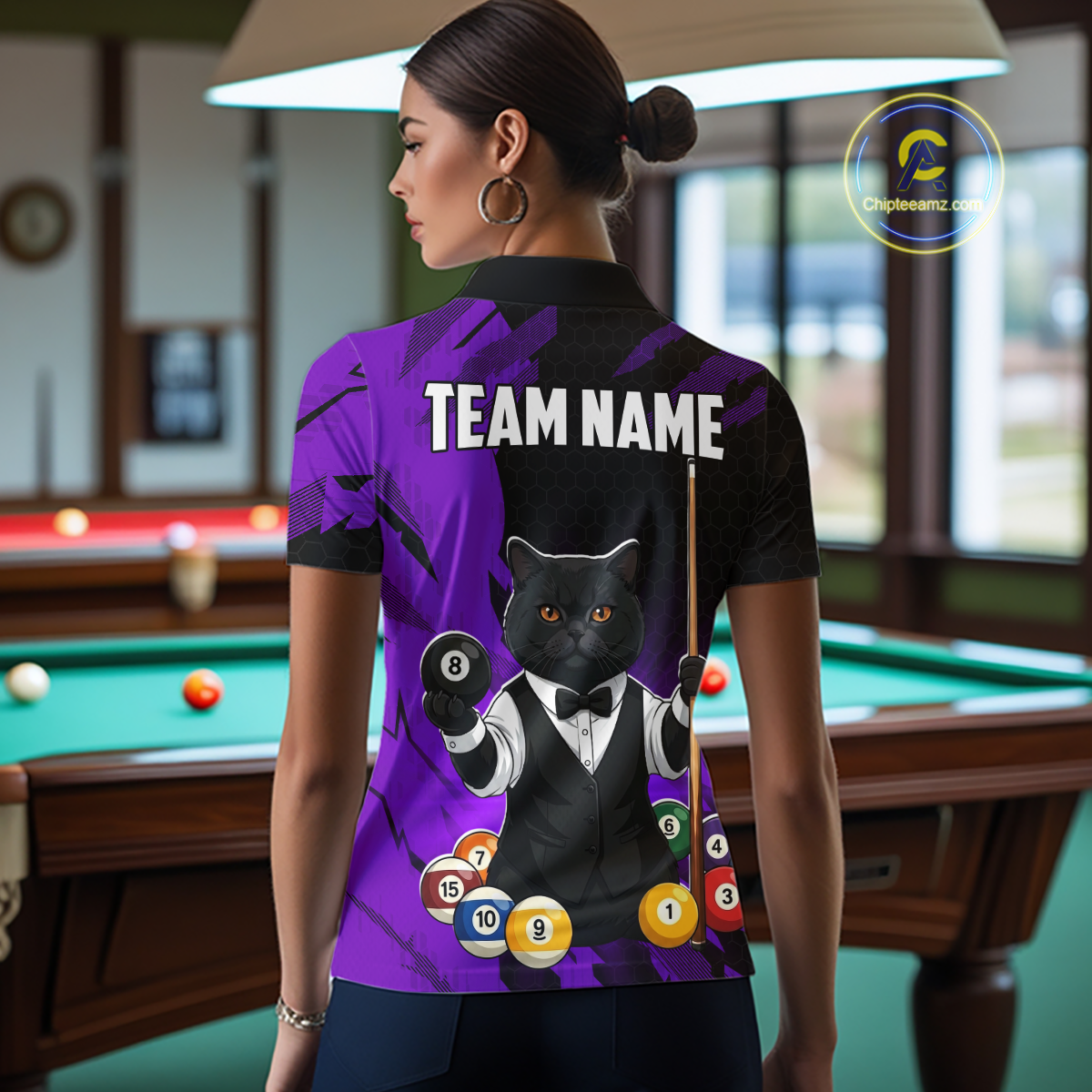 Custom Black Cat 8 Ball Pool Shirts Purple Billiard Shirt for Women Billiard Team Jersey Billiard Gift NNT181