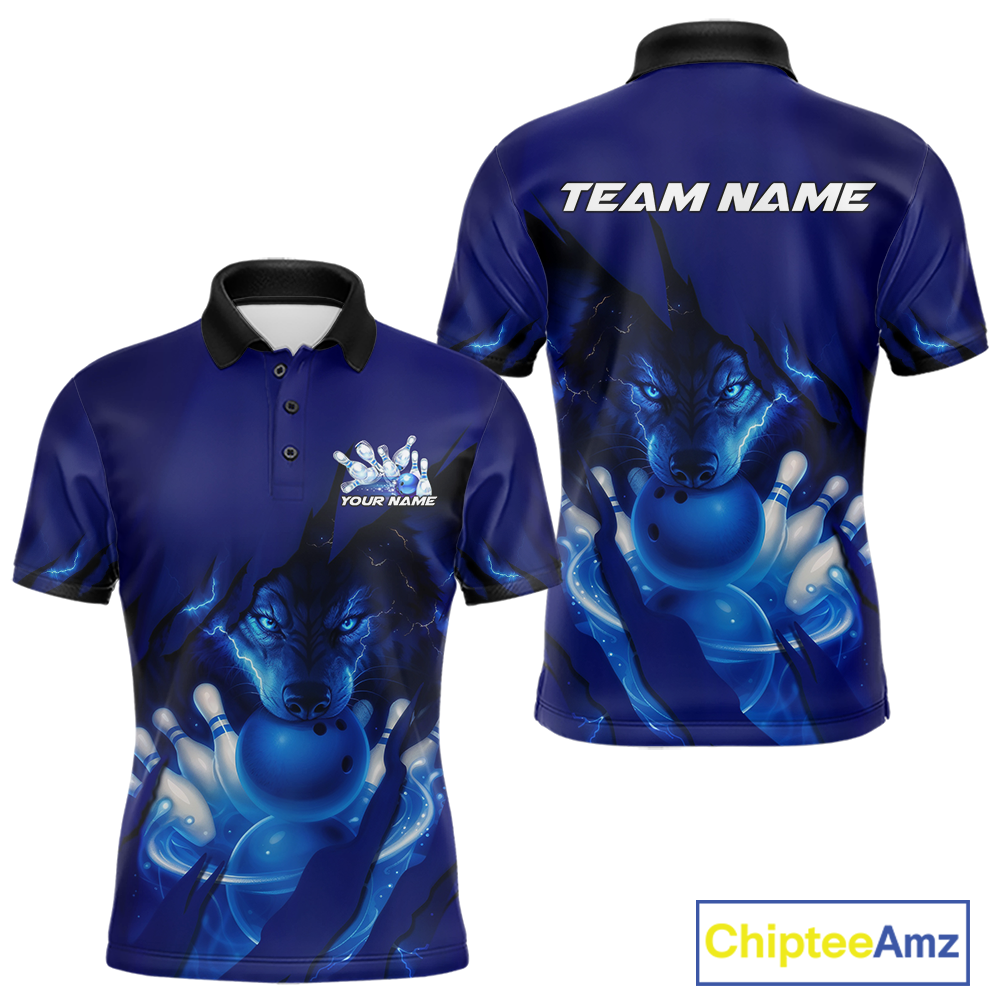 Blue Bowling Shirts for Team Women Men Custom Wolf Bowling Jerseys for Couples MBL202