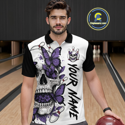 Purple Butterfly Skull Bowling Men Bowling Shirt Polo & Quarter-Zip Bowling Team Jerseys HNT80
