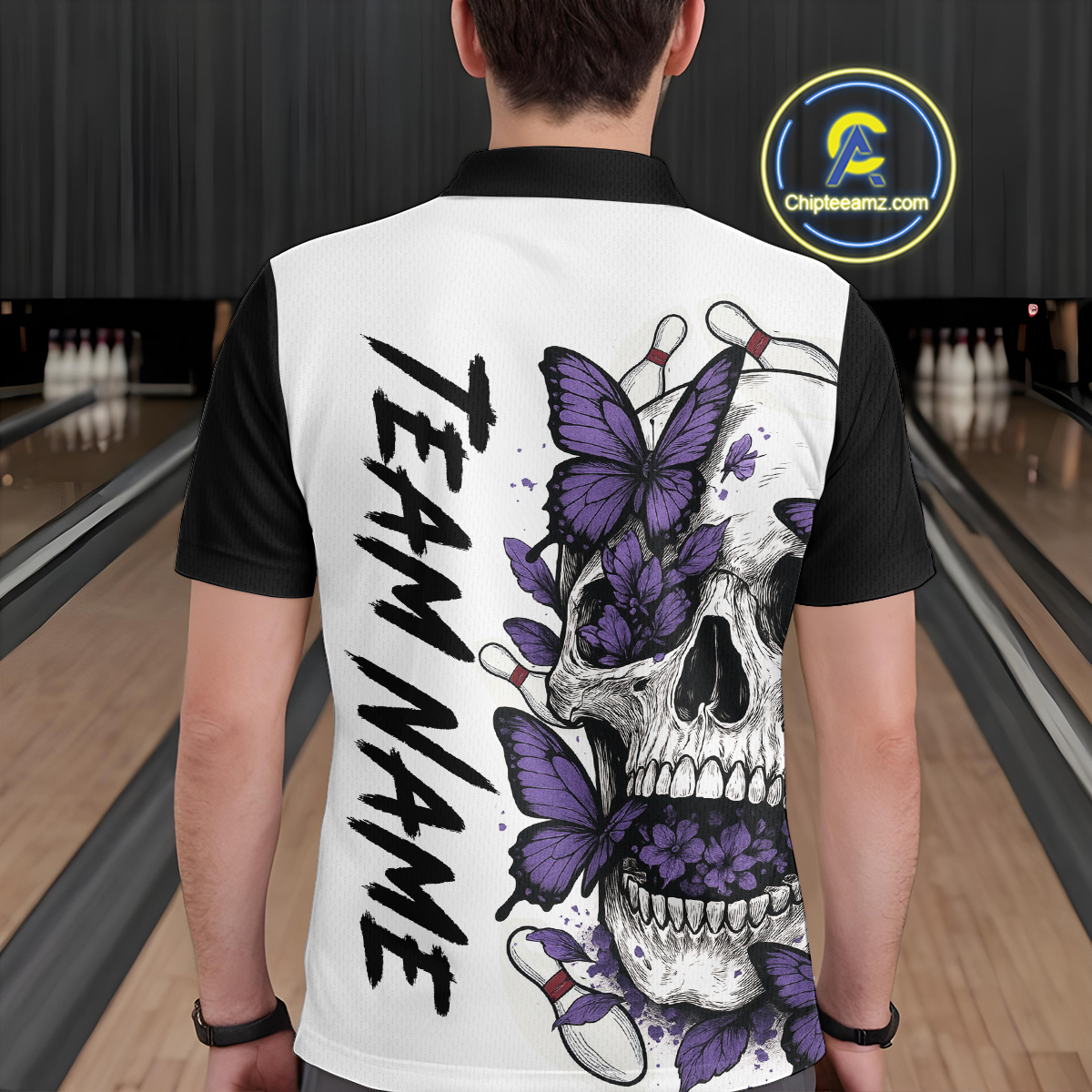 Purple Butterfly Skull Bowling Men Bowling Shirt Polo & Quarter-Zip Bowling Team Jerseys HNT80