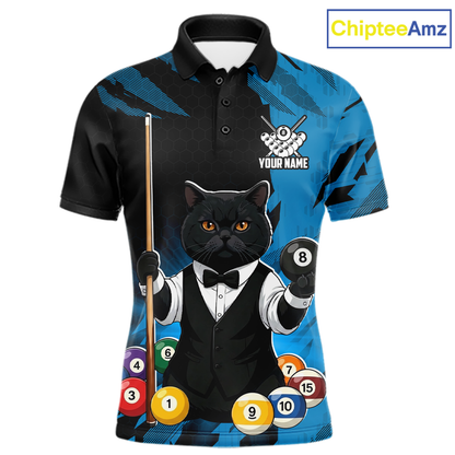 Custom Black Cat 8 Ball Pool Shirts Blue Billiard Shirt for Men Billiard Team Jersey Billiard Gift NNT181
