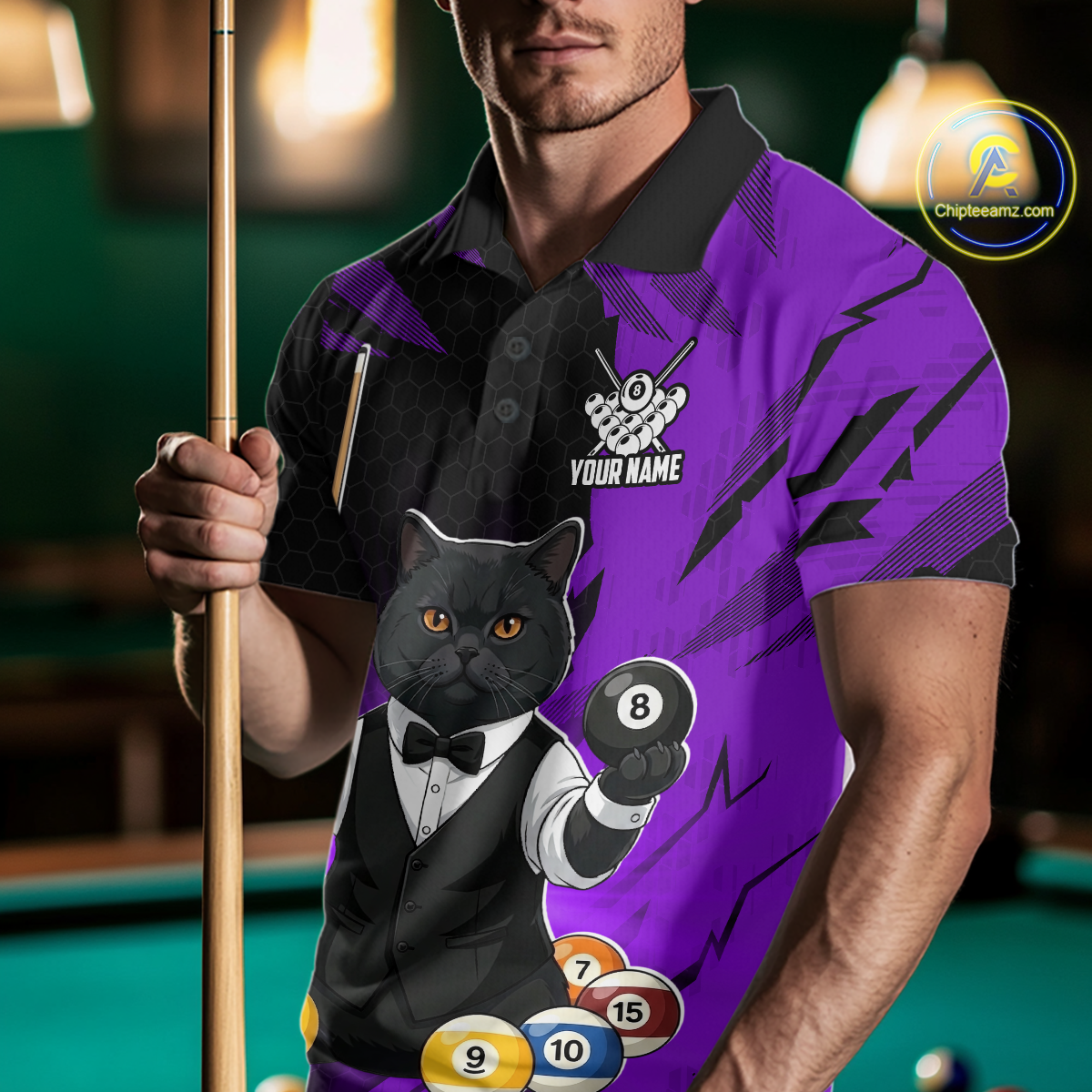Custom Black Cat 8 Ball Pool Shirts Purple Billiard Shirt for Men Billiard Team Jersey Billiard Gift NNT181