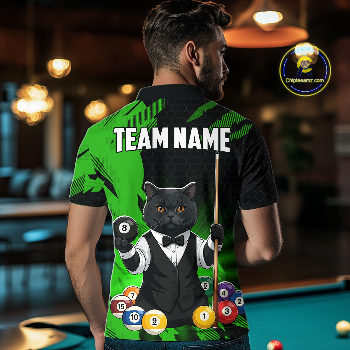 Custom Black Cat 8 Ball Pool Shirts Green Billiard Shirt for Men Billiard Team Jersey Billiard Gift NNT181