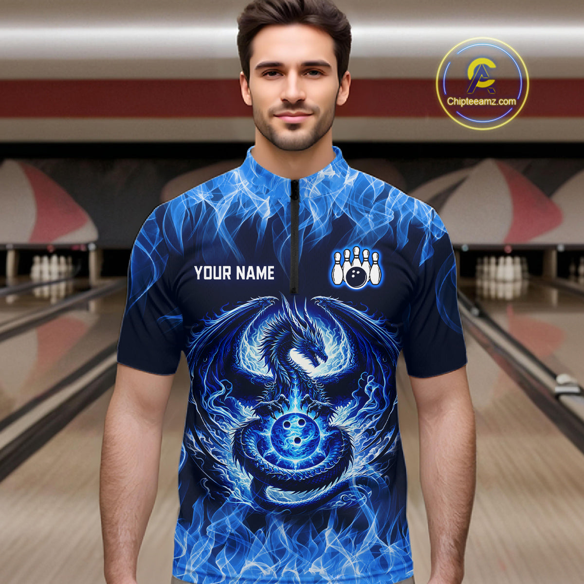 Custom Blue Dragon Flame Bowling Jersey for Men Bowling Team Shirts Bowling Polo & 1/4 Zip HNT189