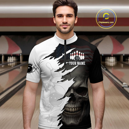 Custom Black White Skull Bowling Jersey for Men Bowling Polo & 1/4 Zip Bowling Team Shirts HNT111