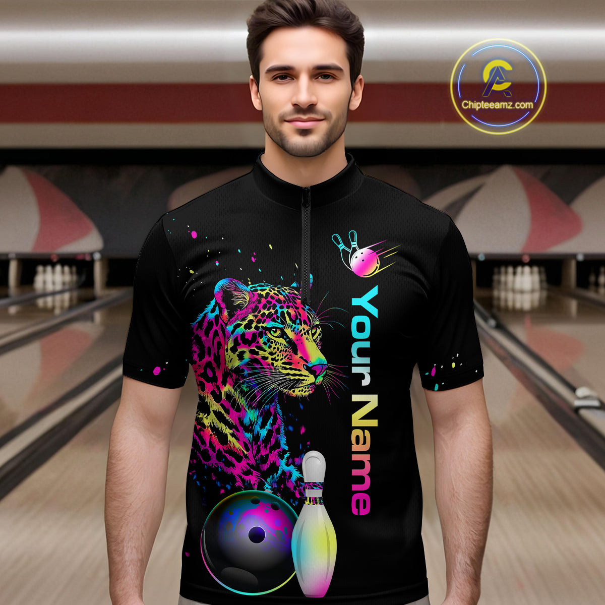Custom Multicolor Leopard Bowling Shirts For Men Bowling Team Shirt Polo & 1/4 Zip HNT134