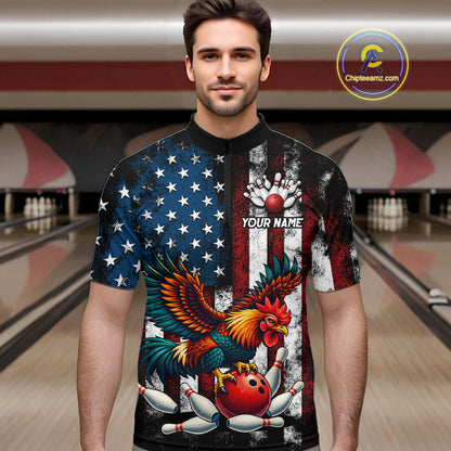 Custom Rooster US Flag Bowling Jersey for Men Bowling Team Shirts Bowling Polo & 1/4 Zip HNT259