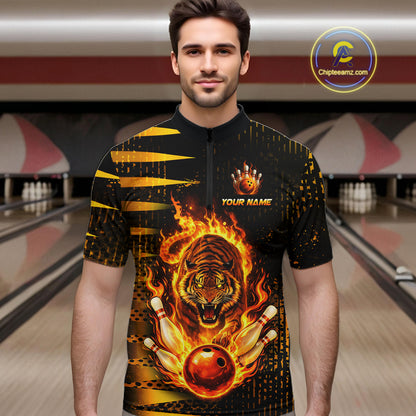 Custom Flame Tiger Bowling Team Jersey Bowling Shirt for Men Bowling League Polo & 1/4 Zip HNT201