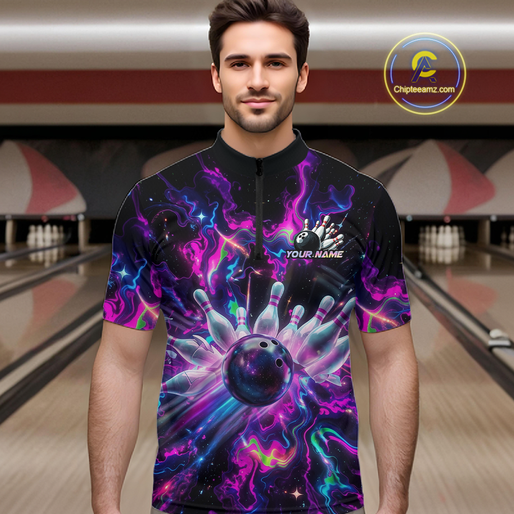 Custom Watercolor Pink Purple Bowling Jersey for Men Bowling Team Shirts Polo & 1/4 Zip HNT268