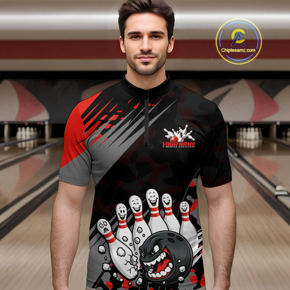 Custom Red Funny Bowling Shirt Crazy Bowling Jersey Men Polo & 1/4 Zip Bowling Outfit QZT785