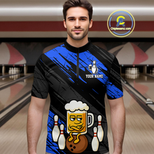 Load image into Gallery viewer, Custom Blue Funny Beer Bowling Jersey for Men Bowling Uniform Polo &amp; 1/4 Zip Bowling Team Shirts HNT107