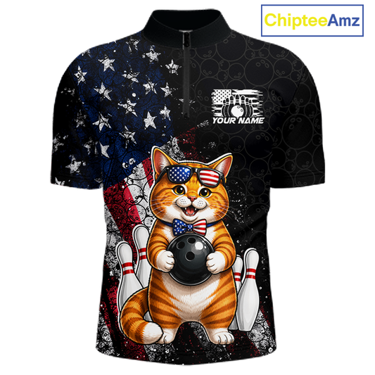 Men quarter zip with a cat bowling design on an American flag background, featuring the brand 'Chiptee Amz'.