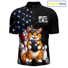 Load image into Gallery viewer, Custom US Flag Cat Bowling Shirt for Men Bowling League Patriotic Bowling Team Shirts HNT335