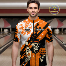 Load image into Gallery viewer, Orange Funny Skull Bowling Shirt for Men Personalized Polo &amp; 1/4-Zip Bowling Jersey Halloween QZT768