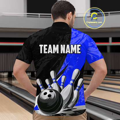 Custom Blue Bowling Custom Men Bowling Shirt Polo & Quarter-Zip Bowling Team Jerseys HNT75