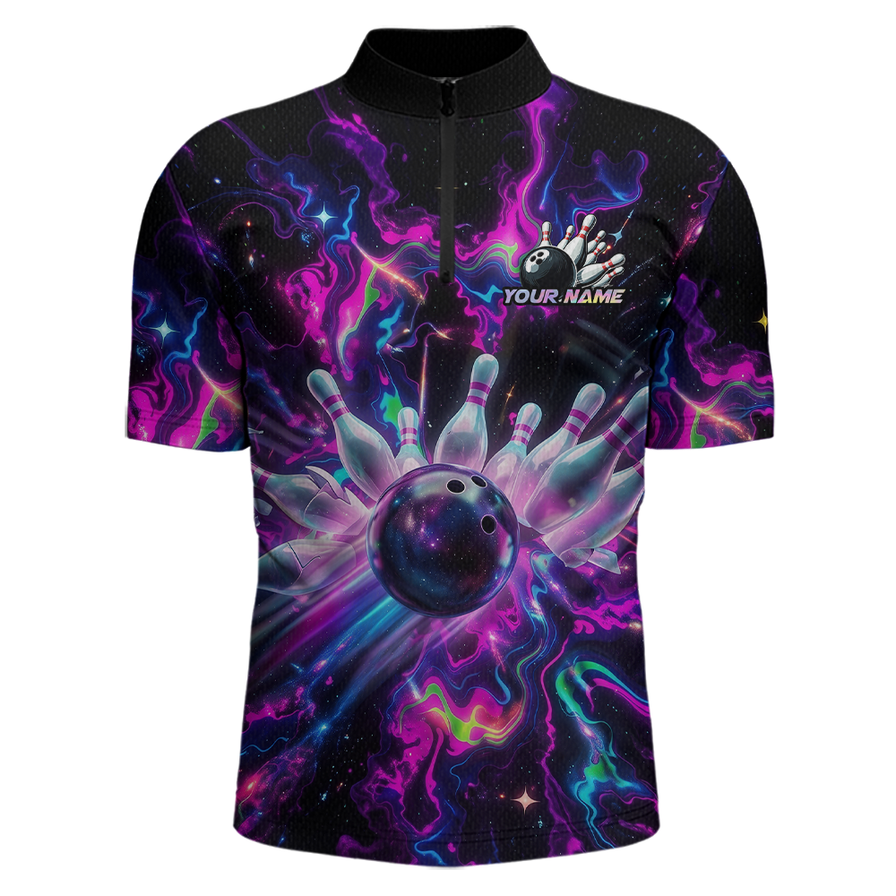 Custom Watercolor Pink Purple Bowling Jersey for Men Bowling Team Shirts Polo & 1/4 Zip HNT268