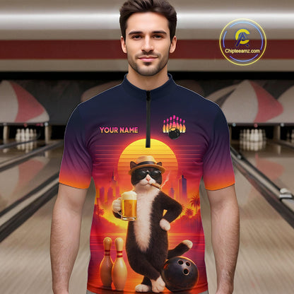 Beer Cat Funny Bowling Shirt for Men Retro Custom Cat with Beer Bowling Team Jersey HNT274