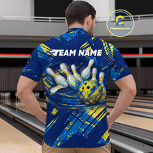 Load image into Gallery viewer, Custom Blue Yellow Bowling Jersey for Men Bowling Uniform Polo &amp; 1/4 Zip Bowling Team Shirts HNT122