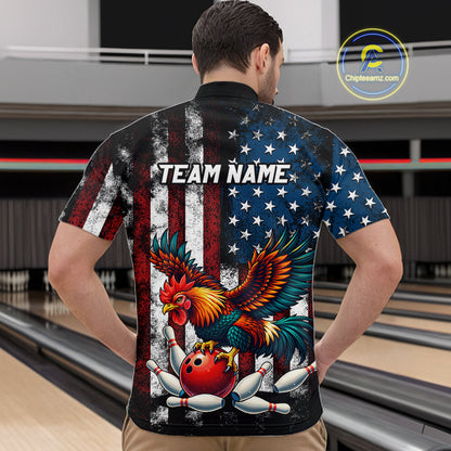 Custom Rooster US Flag Bowling Jersey for Men Bowling Team Shirts Bowling Polo & 1/4 Zip HNT259