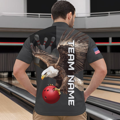 Personalized US Flag Eagle Bowling Shirt Bowling Jersey for Men Polo & 1/4 Zip Shirt Team League HNT24