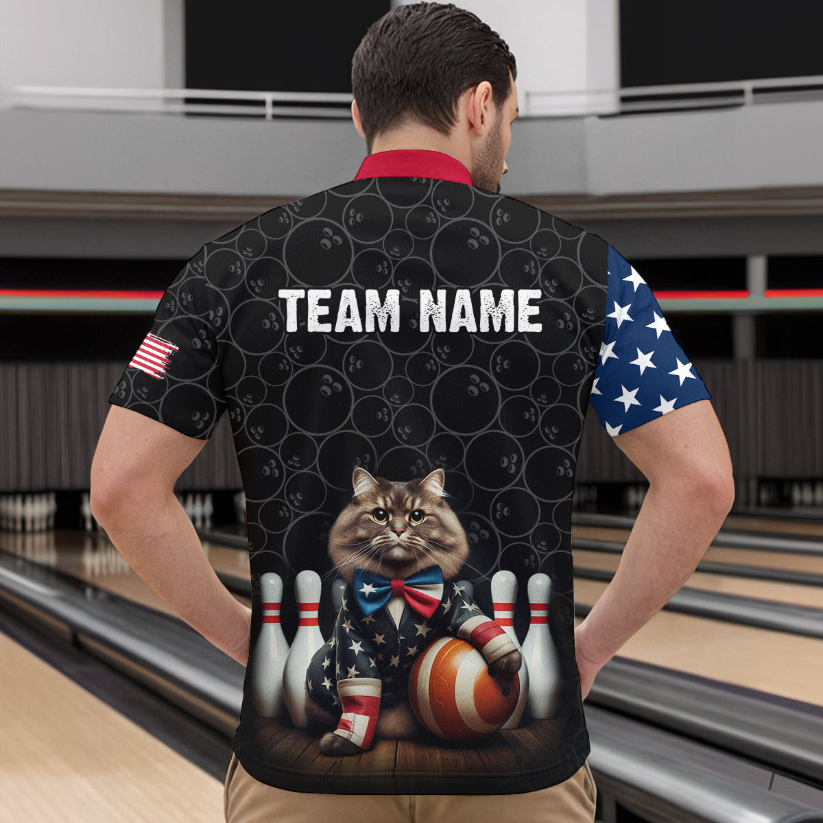 Personalized Patriotic Cat Bowling Shirt Quarter-Zip American Bowling Jersey for Men Women QZT673