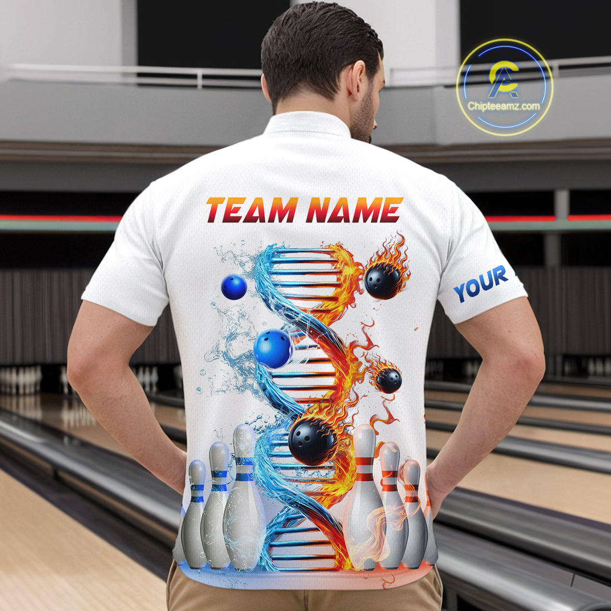 Man wearing custom ice and fire DNA bowling quatter-zip shirt, back view mockup, personalized bowling league jersey.