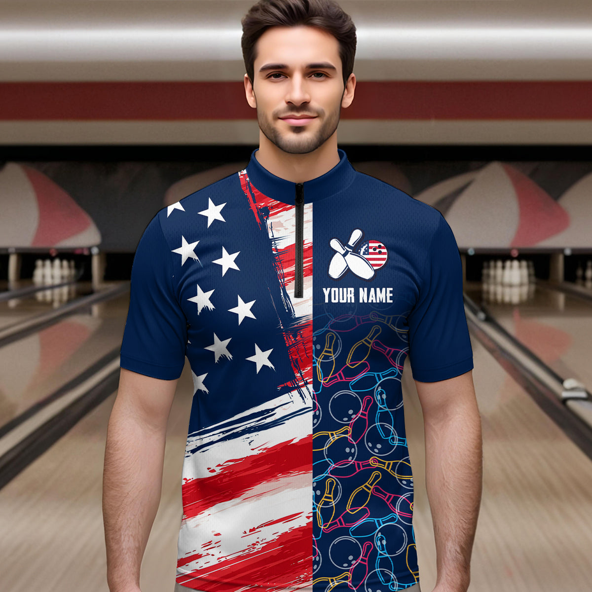 American Flag Bowling Shirts Patriotic Bowling Shirt for Men Women Polo&1/4 Zip Shirt MBL21