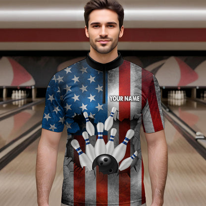Custom American Flag Bowling Shirts for Men and Women Patriotic Bowling Polo& 1/4 Zip MBL54