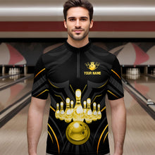 Load image into Gallery viewer, Black and Gold Custom Name Bowling Jerseys For Men Bowling Team Shirts Bowling Pin And Ball HNT26