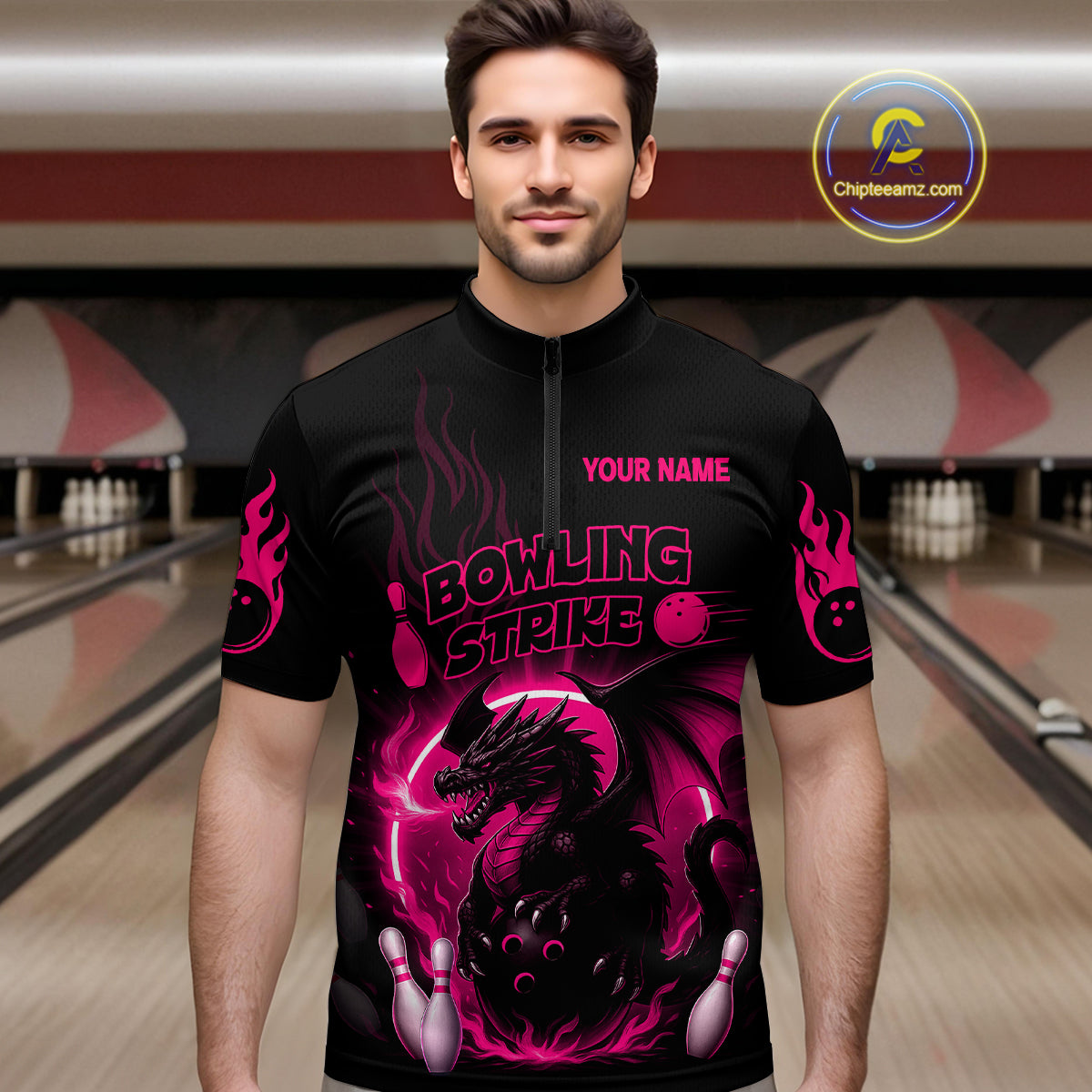 Pink Flame Dragon Bowling Shirt Custom Strike Bowling Team Jersey for Men Uniform QZT726