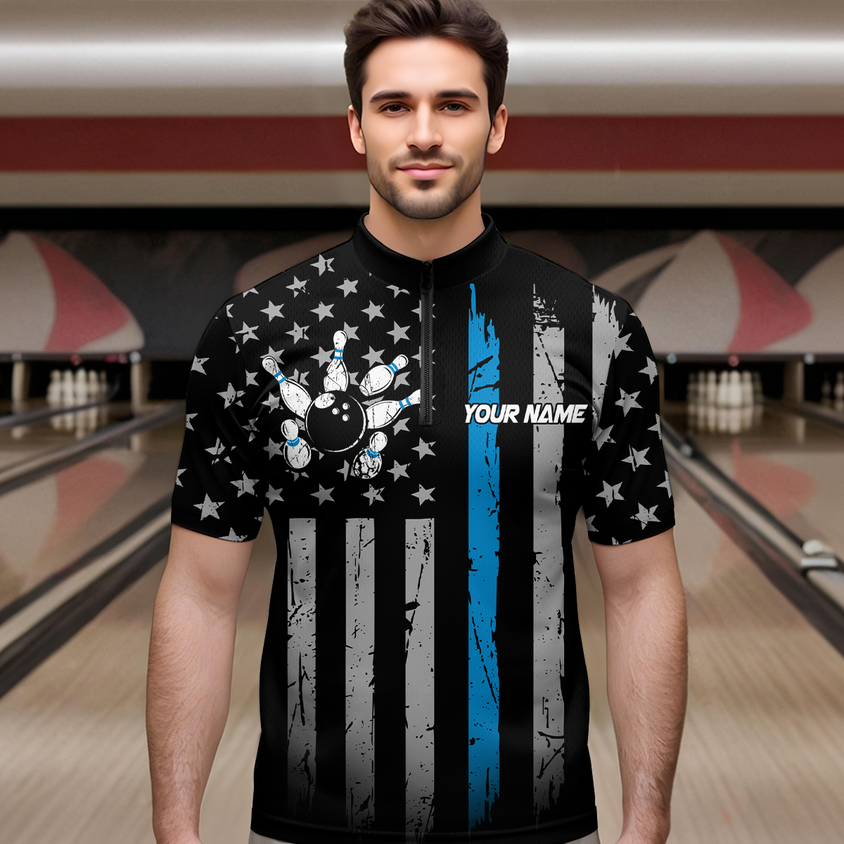 US Blue Flag Bowling Shirt for Men Custom Name Polo & Quarter-Zip Bowling Jersey Bowling Team Shirt HNT23