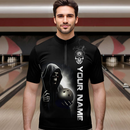 Custom Skull Bowling Shirts Unisex Quarter-Zip Bowling Team Jersey Black Bowling League QZT631