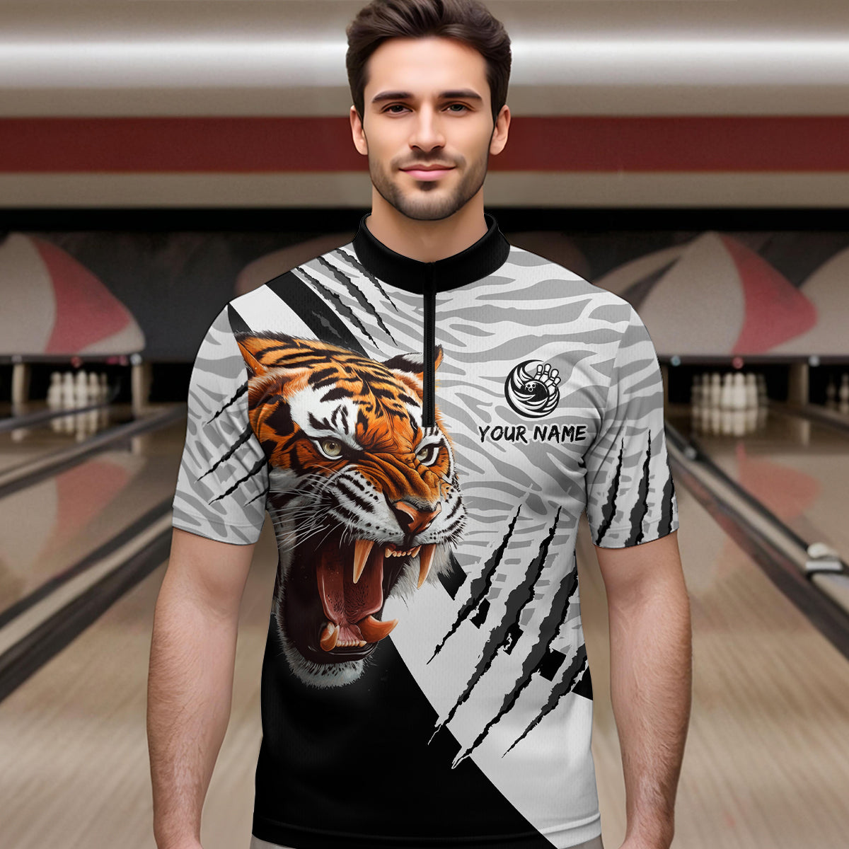 Black & White Bowling Shirt Tiger Bowling Team Jersey Quarter Zip Bowling for Men & Women QZT641