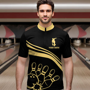 Black&Gold Bowling Quarter-Zip Shirt Men Custom Bowling Jersey Vintage Bowling Team League Shirt BDT116