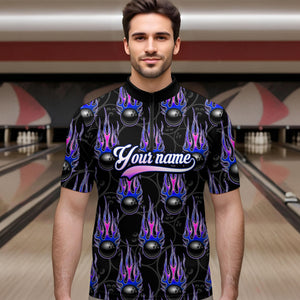 Black Bowling Ball Camo Blue Flame Bowling Polo, 1/4 Zip Shirt for Men Custom Bowling Team Jersey NQS9480