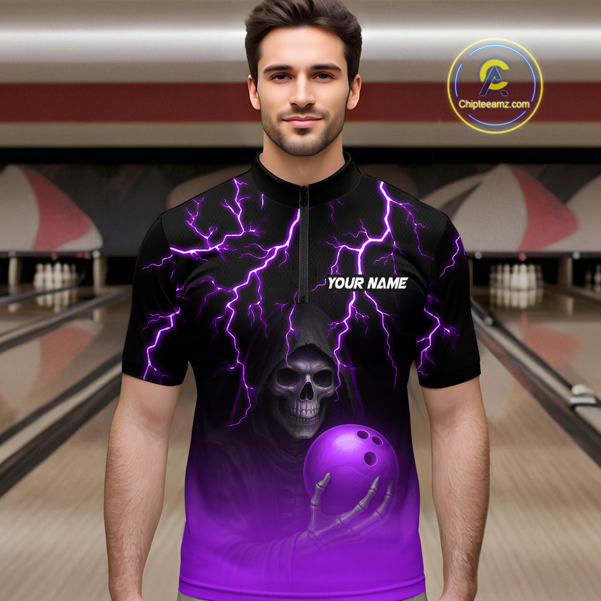 Custom Purple Thunder Skeleton Bowling Jersey for Men Bowling Polo & 1/4 Zip Bowling Team Shirts HNT108