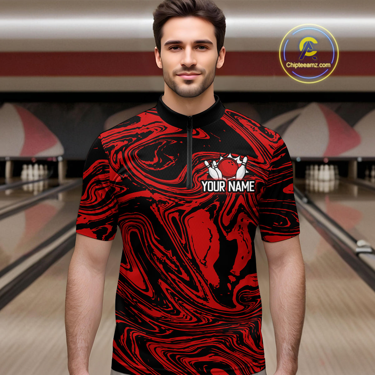 Custom Red Bowling Men Bowling Shirt Polo & Quarter-Zip Bowling Team Jerseys HNT81