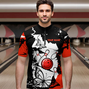 Custom Red Butterflies Bowling Shirt for Men Women Team Bowling Polo&Quater Zip MBL76