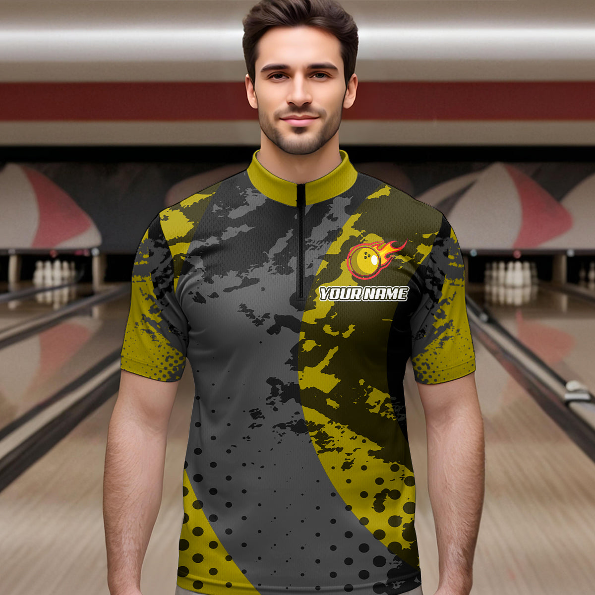 Fire Bowling Shirt Custom Yellow Bowling Jersey for Men Women with Team Name MBL63