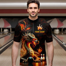 Load image into Gallery viewer, Orange &amp; Black Flame Dragon Bowling Ball Pins Custom Bowling Quarter-Zip Shirt Bowling Team Jersey QZT667