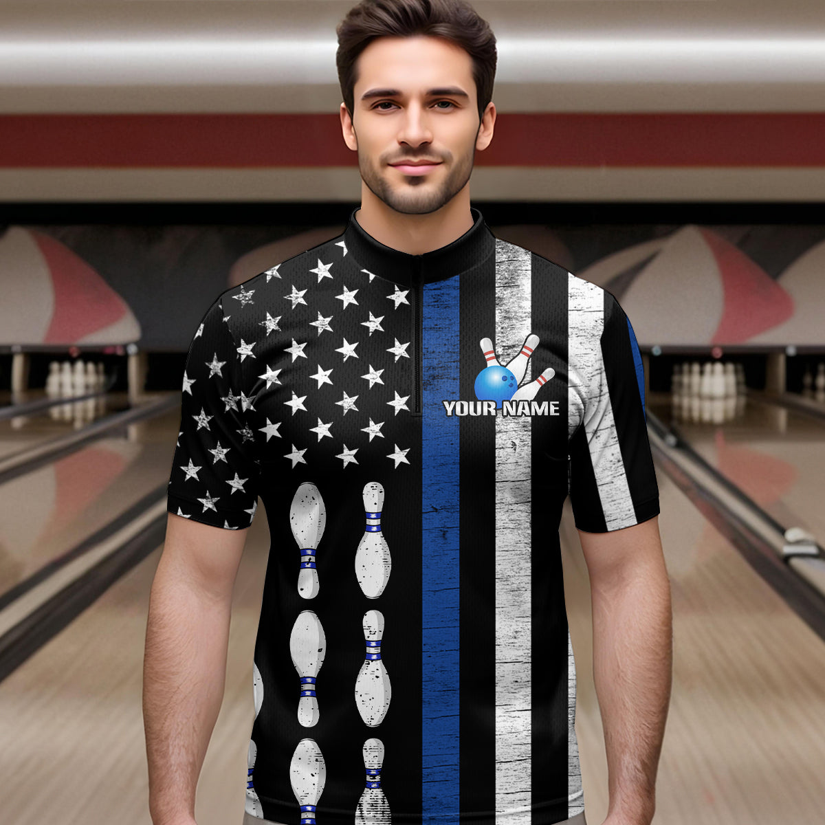 Custom Blue Bowling Shirts for Men Women Team Patriotic Bowling Polo & 1/4 Zip Shirt MBL39