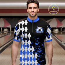 Load image into Gallery viewer, Blue argyle pattern Retro Bowling Shirts For Men Custom My drinking team has a bowling problem NQS9824