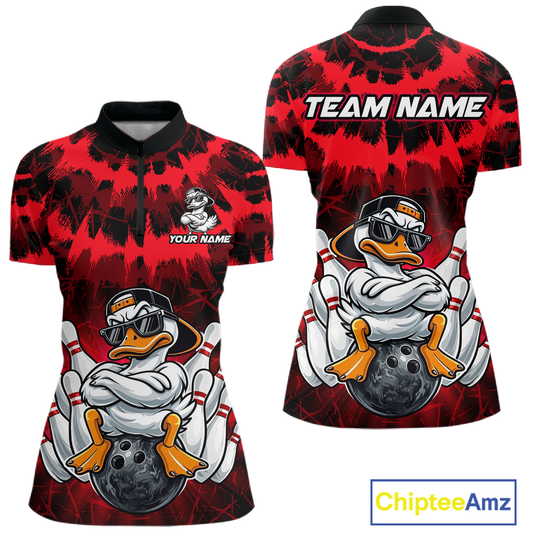 Custom Red Funny Duck Bowling Jersey for Women Bowling Uniform Polo & 1/4 Zip Bowling Team Shirts HNT238